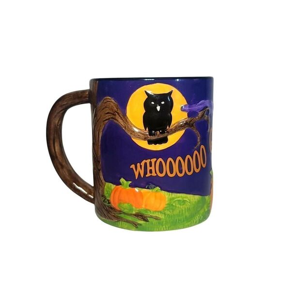 Vtg Whoooo Goes There? Halloween Fall Coffee Tea Mug With Owls Pumpkins Spiders - Picture 3 of 6